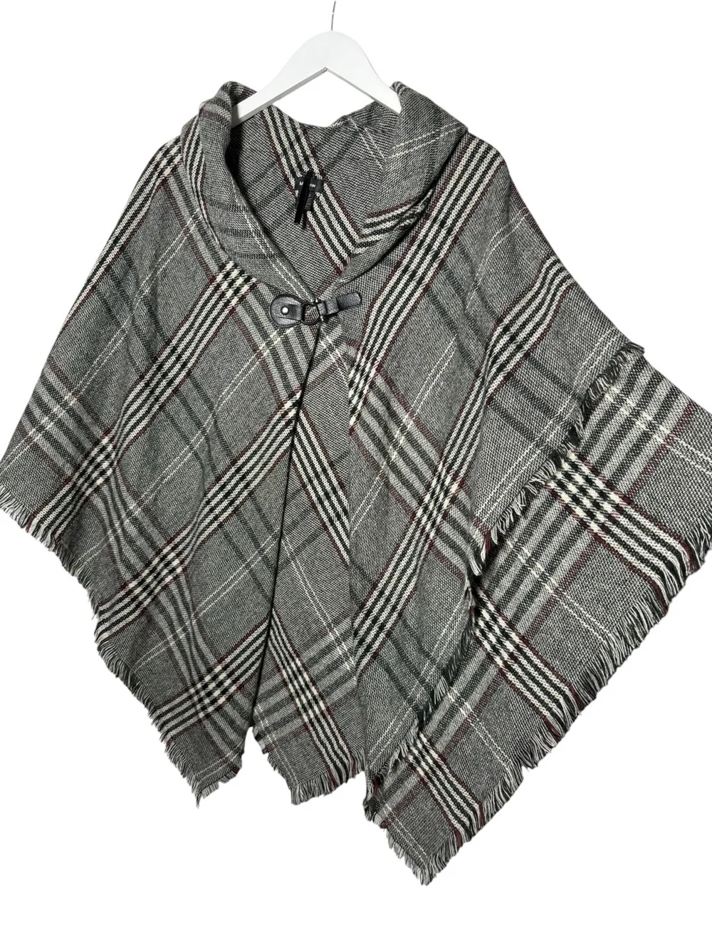 Modena Plaid Poncho Cape Shawl Fringe Cowl Neck Toggle Closure Gray One Size